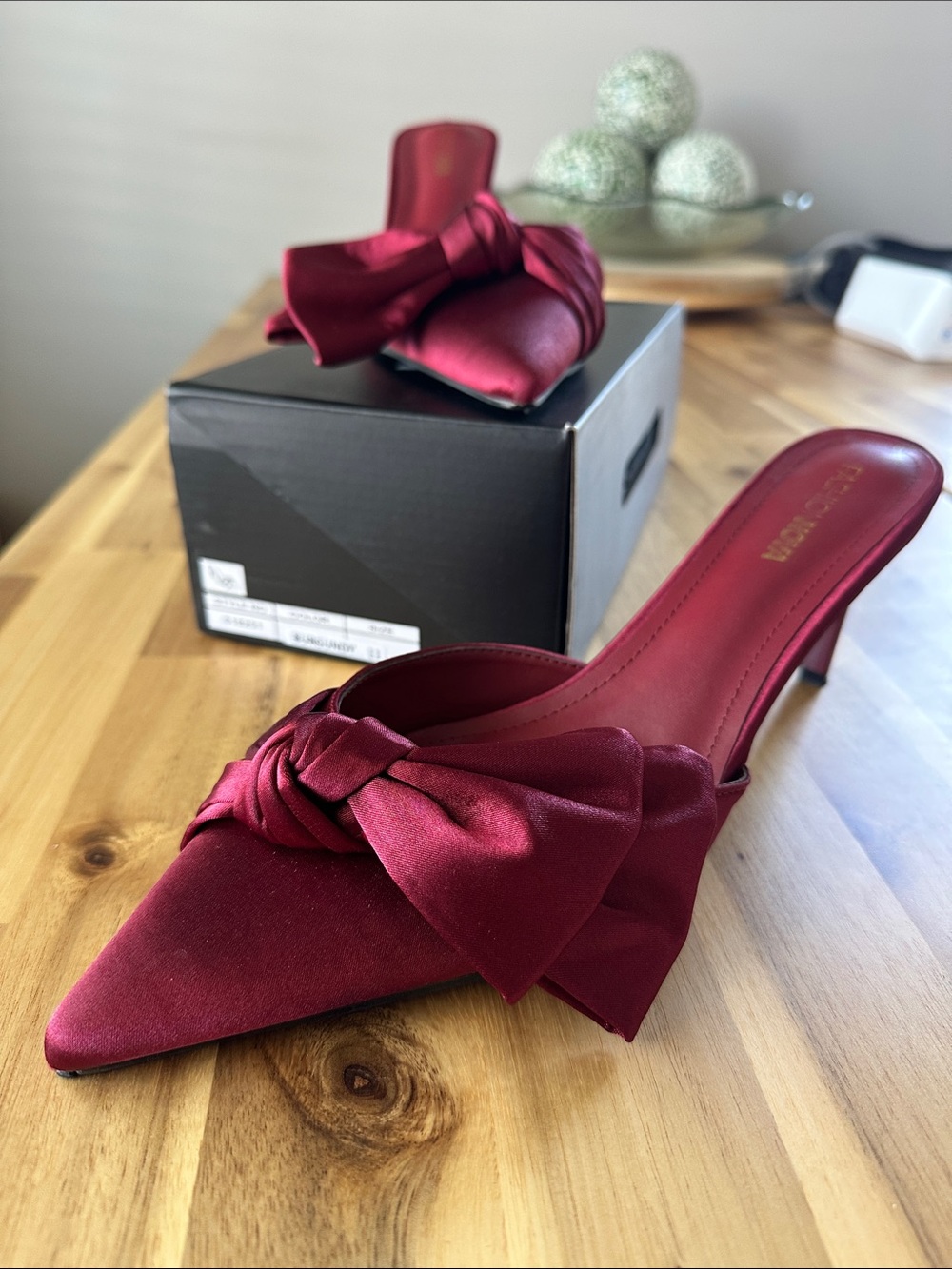 Fashion Nova Satin Pointed Mules with Knot Bow - Burgundy